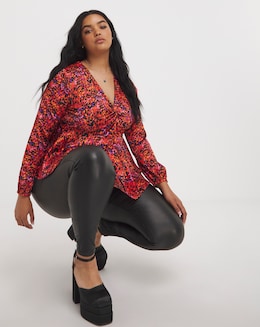 Multi Print Long Sleeve Twist Front Stretch Satin Blouse