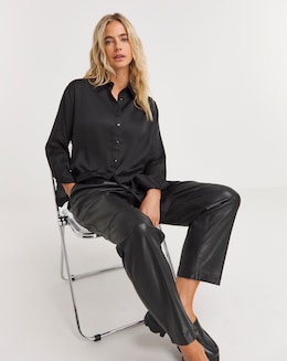 Black Relaxed Fit Satin Long Sleeve Shirt