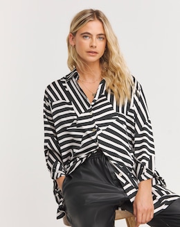 Mono Print Relaxed Fit Long Sleeve Satin Shirt