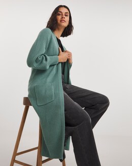 Teal Longline Fisherman Rib Cardigan