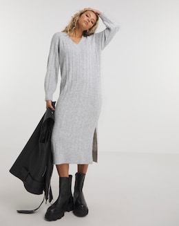 Grey V Neck Rib Midaxi Knitted Dress