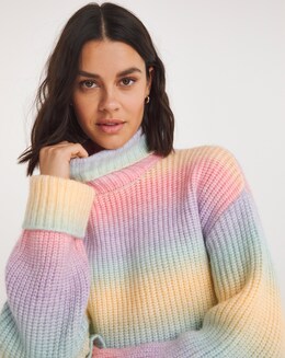 Rainbow Ombre Roll Neck Longline Jumper