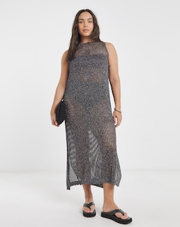 Black Metallic Hole Knit Crochet Midaxi Dress