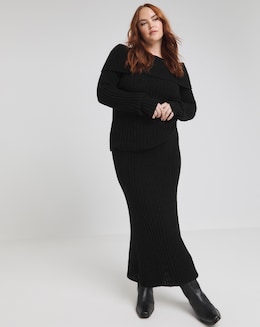 Black Rib Flared Hem Knitted Maxi Skirt