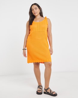Orange Tie Shoulder Crochet Look Mini Dress