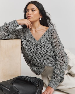 Grey Twist Open Knit V Neck Slouchy Longline Jumper