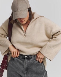Oatmeal Zip Neck Longline Jumper