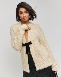 Gold Tinsel Tie Front Bow Cardigan