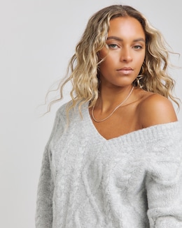 Grey Marl V Neck Cable Knit Jumper