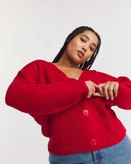 Red Button Through Fisherman Rib Cardigan