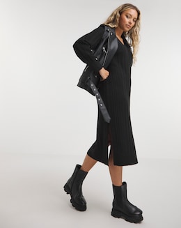 Black V Neck Rib Midaxi Knitted Dress