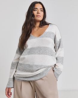Grey &amp; Ivory Stripe Slouchy V Neck Longline Jumper