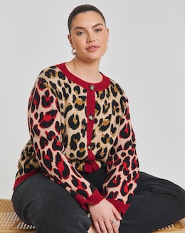 Neutral &amp; Red Leopard Jacquard Cardigan