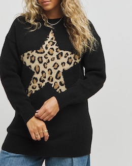 Black Leopard Star Longline Jumper