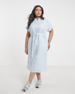 Tommy Hilfiger Linen Belted Short Sleeve Midi Dress