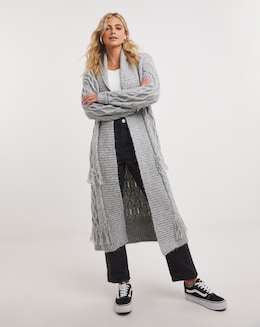 Grey Fringe Longline Cardigan