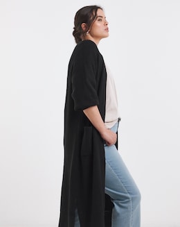 Black Longline Fisherman Rib Cardigan