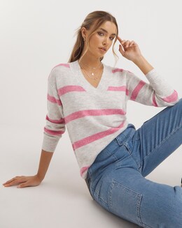 Pink &amp; Grey Stripe Slouchy V Neck Longline Jumper