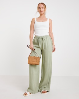 Khaki Tie Waist Linen Mix Wide Leg Trousers