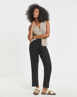 Black Tie Waist Linen Mix Tapered Trousers
