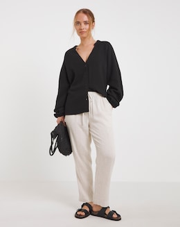Stone Tie Waist Linen Mix Tapered Trousers