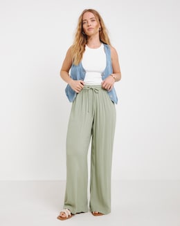 Khaki Crinkle Wide Leg Trousers