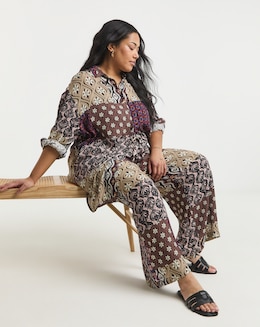 Multi Print Tie Waist Crinkle Wide Leg Trouser
