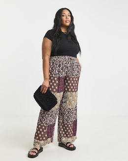 Multi Print Tie Waist Crinkle Wide Leg Trouser