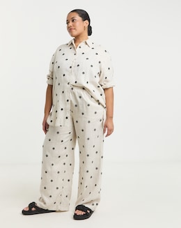 Daisy Embroidered Linen Mix Wide Leg Trouser