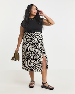 Mono Print Spun Viscose Side Split Midi Skirt