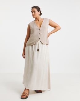 Tie Waist Bead Detail Linen Mix Midaxi Skirt