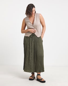 Khaki Tie Waist Textured Midaxi Full Skirt