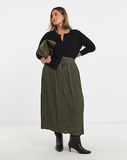 Khaki Tie Waist Textured Midaxi Full Skirt