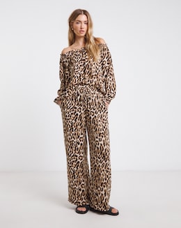 Leopard Tie Waist Crinkle Wide Leg Trouser