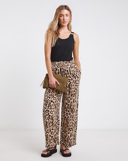 Leopard Tie Waist Crinkle Wide Leg Trouser