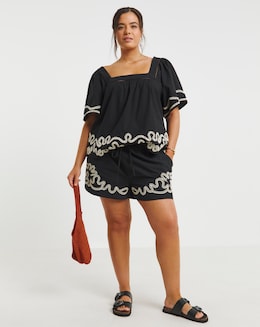 Black Embroidered Tie Waist Shorts