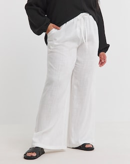 White Tie Waist Linen Mix Wide Leg Trouser