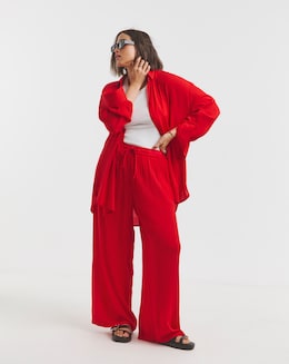 Tie Waist Crinkle Wide Leg Trouser