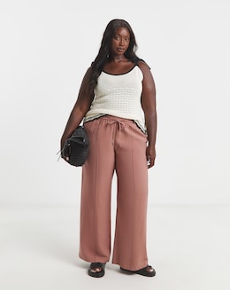Tie Waist Twill Wide Leg Trousers