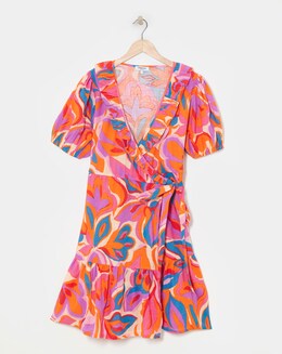 Floral Mini Wrap Over Cotton Beach Dress