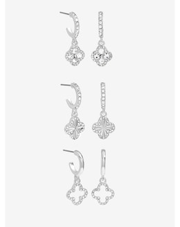 Mood Silver Crystal &amp; Pave Clover Huggie Earrings - Pack of 3