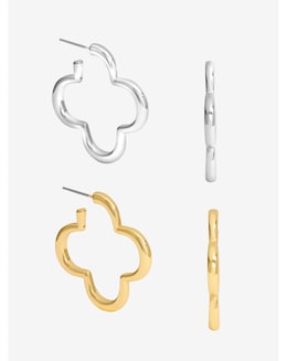 Mood Silver &amp; Gold Polished Open Clover Hoop Earrings - Pack of 2