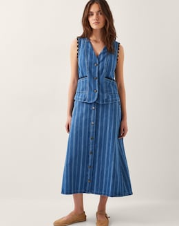 Monsoon Ottilie Stripe Denim Midi Skirt