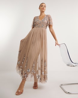 Maya Deluxe Angel Sleeve Floral Embellished Maxi Dress