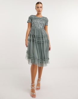 Maya Deluxe Puff Sleeve Delicate Sequin Ruffle Midi Dress
