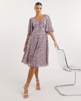 Maya Deluxe Angel Sleeve Sequin Embellished Button Midi Dress