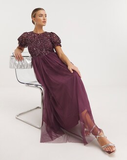 Maya Deluxe Puff Sleeve Delicate Sequin Tulle Maxi Dress