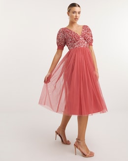 Maya Deluxe Curve Puff Sleeve Delicate Sequin Ruffle Midi Dress