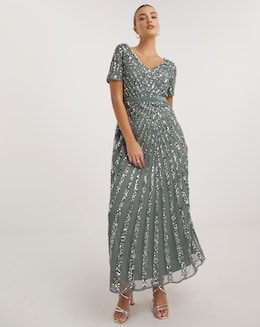 Maya Deluxe Short Sleeve Stripe Sequin Embellished Maxi Dress