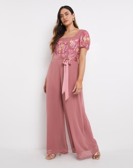 Maya Curve Floral Embroidered Tie Waist Wide Leg Jumpsuit